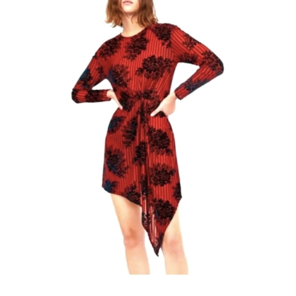 Zara Trafaluc Red Velvet Burnout Floral Mesh Asymmetrical Mini Dress Medium